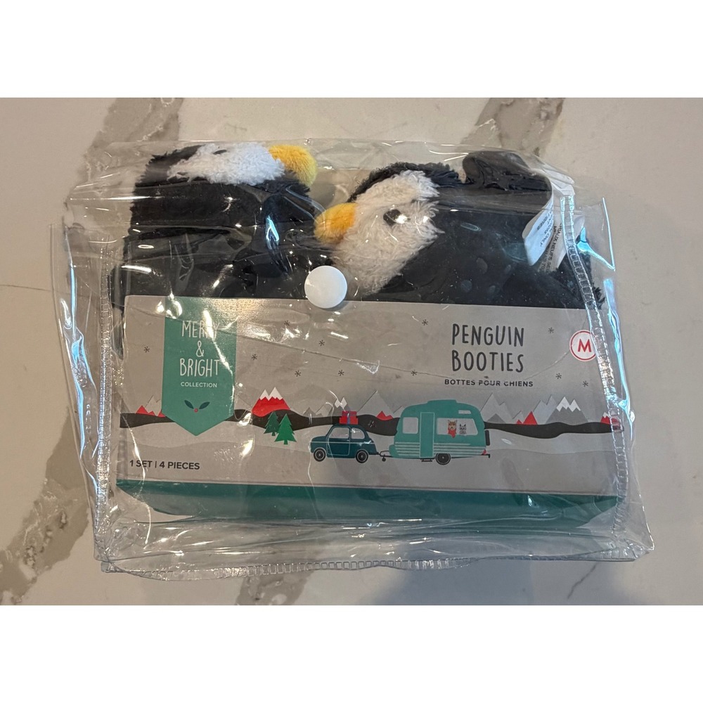 Merry & Bright Penguin Booties Dog Shoes 4 Pack Black White Size Medium NEW